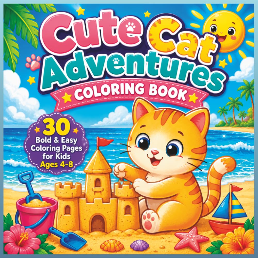 Cat Coloring Book for Kids Ages 4-8: 30 Cute, Bold and Easy Cat Coloring Pages with Fun Adventure Scenes