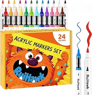Acrylstifte 24 Farben, Wasserbasierte Acrylmarker mit Rund & Pinsel Spitze, Deckend, Permanent für Stein, Keramik, Holz, Leinwand, Malstifte für Erwachsene, Künstler