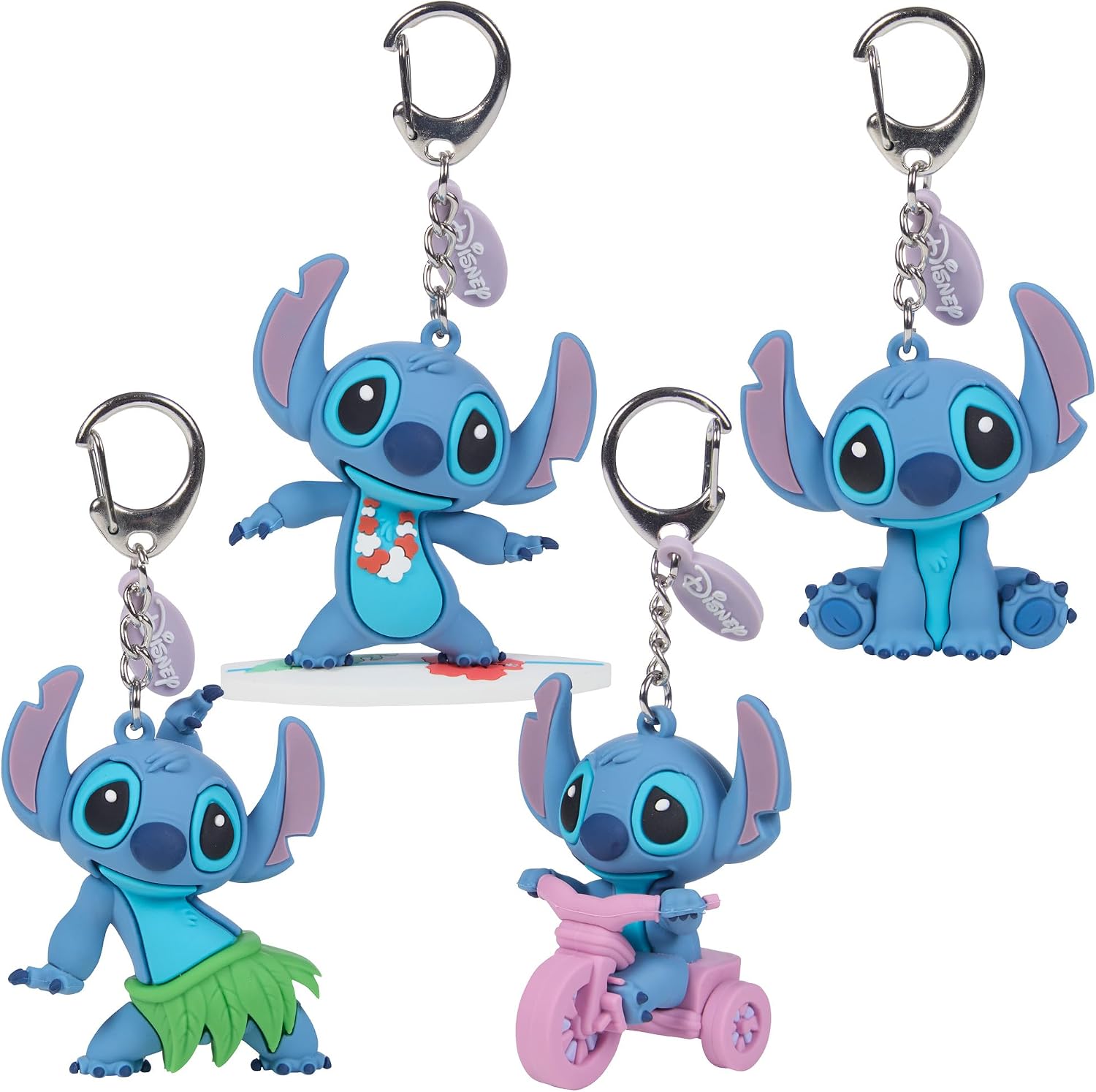 Precious Moments Disney Stitch Backpack Clips Set of 4 | Surfing Stitch, Sitting Stitch, Hula Stitch, and Trike Stitch