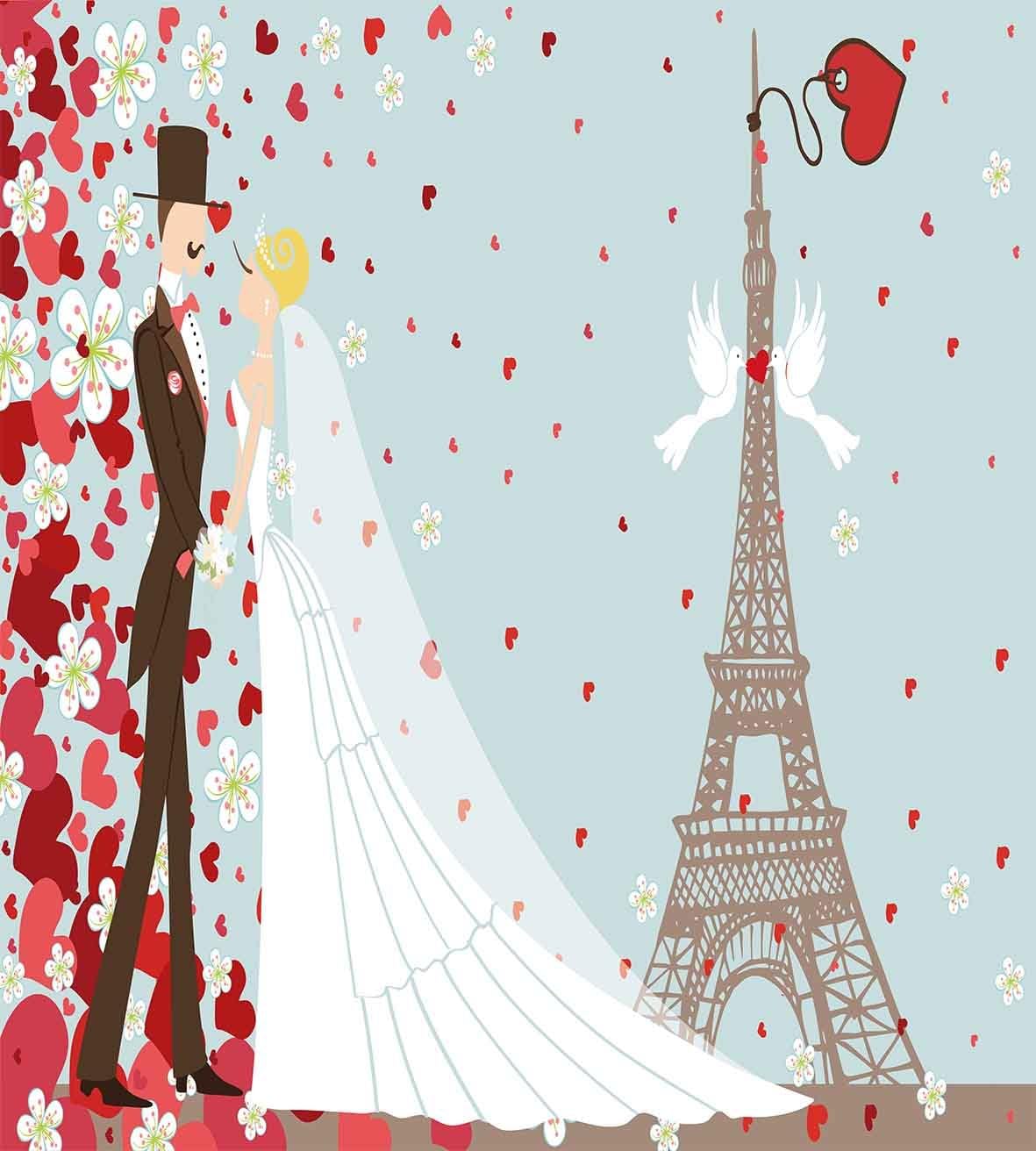 Ambesonne Wedding Duvet Cover Set, French Couple Hand Drawn Paris Eiffel Tower Getting Married Hearts Celebration, Decorative 3 Piece Bedding Set with 2 Pillow Shams, Queen Size, Blue Red White