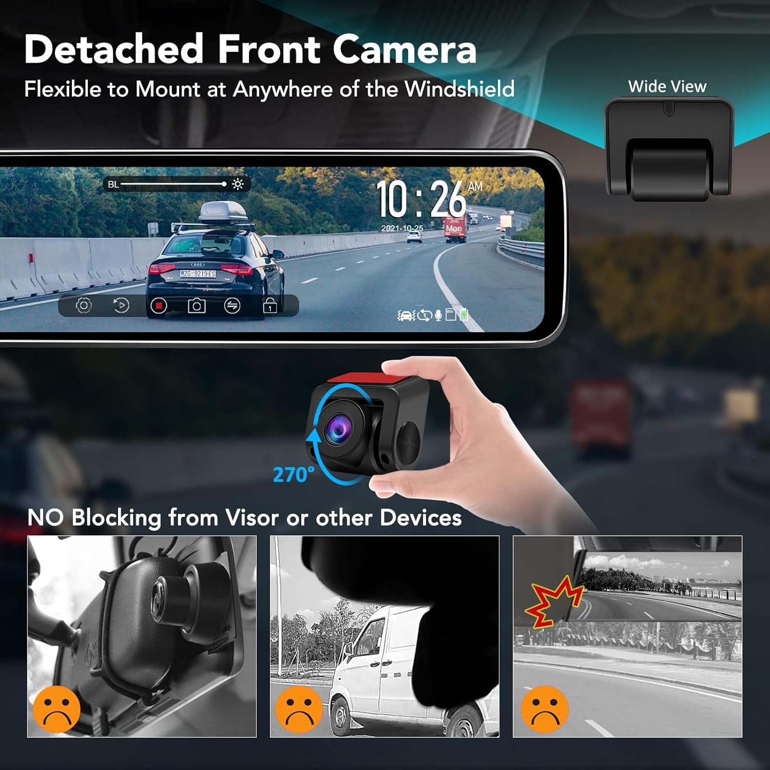 Detached front camera with 270-degree rotation and flexible mounting options