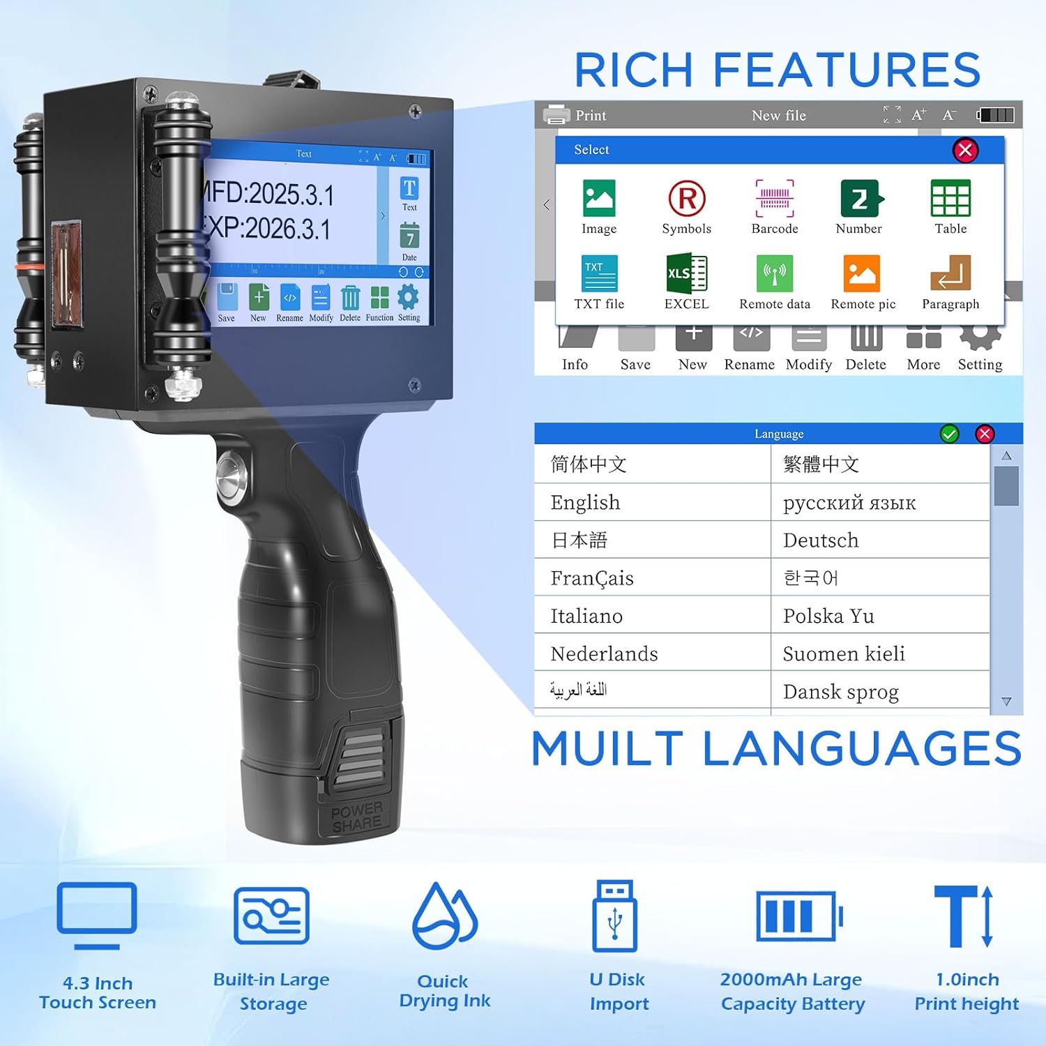 Portable Handheld Inkjet Printer with Black Quick-Drying Ink Cartridge for Text/Date/Logo/Batch Number/QR Code/Barcode, 4.3-inch Touch Screen, Print Height 0.08-1 Inch (ZM-C880)