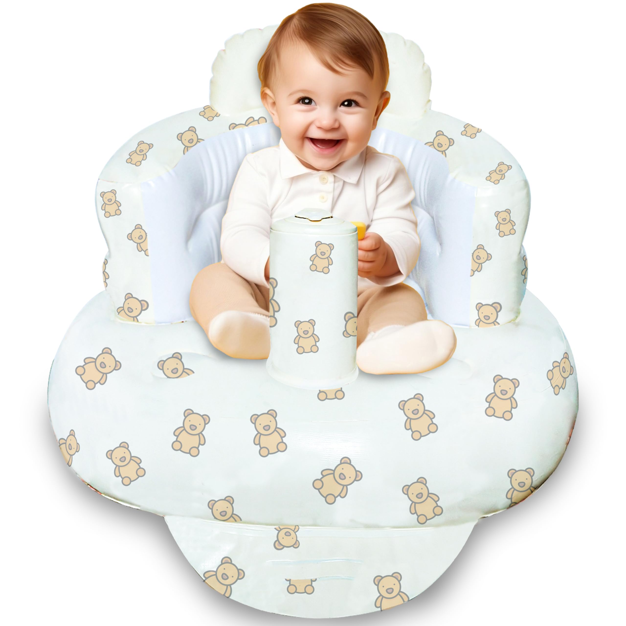 WEMORA Inflatable Baby Seat for Babies 3-36 Months Built-in Air Pump Toddler Floor Seat with Back Support for Sitting Up Portable Blow Up Baby Chair for Feeding Shower and Playtime (Bear)