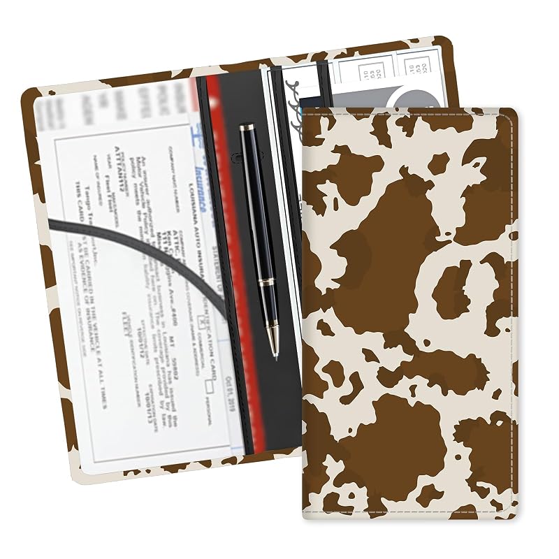 Porta-Documentos Automotivo em Couro Sintético ADUQLZUX para Porta-Luvas, Cartões e Documentos, Estampa Marrom de Vaca