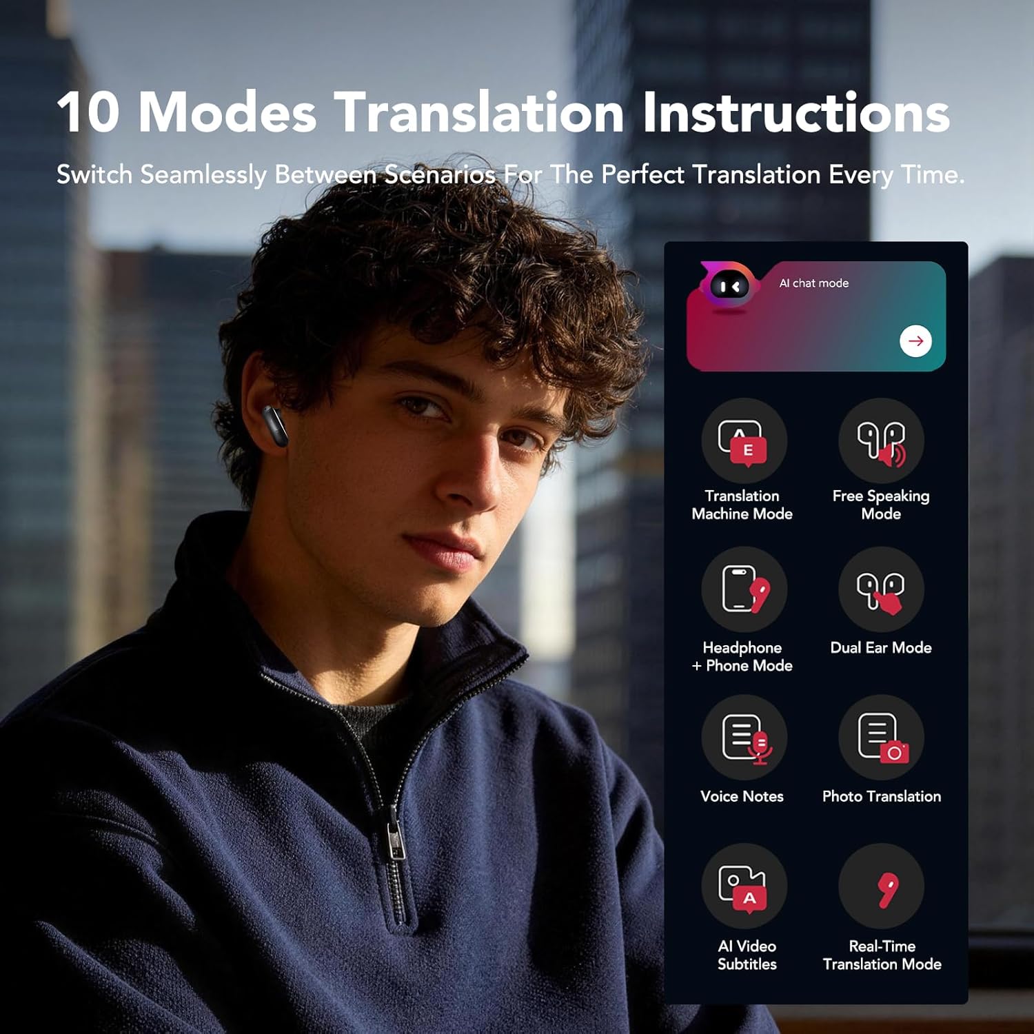 NE48 AI Translation Earbuds Real-Time 135 Languages with LCD Touch Screen, Audifonos Traductores Inglés Español, 4-in-1 Wireless Headphones for Travel Business Learning, Bluetooth 6.0 (Black)