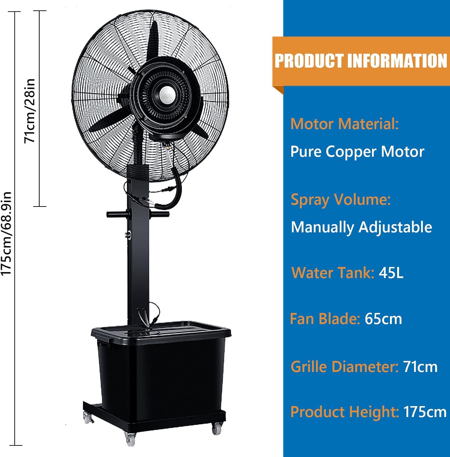 Oscillating Misting Outdoor Mist 3 Speeds Pedestal Fan, 12 Gallon Tank, 90° Oscillation, Cool Your Shop, Garage, Barn Or Workspace,71cm/28in