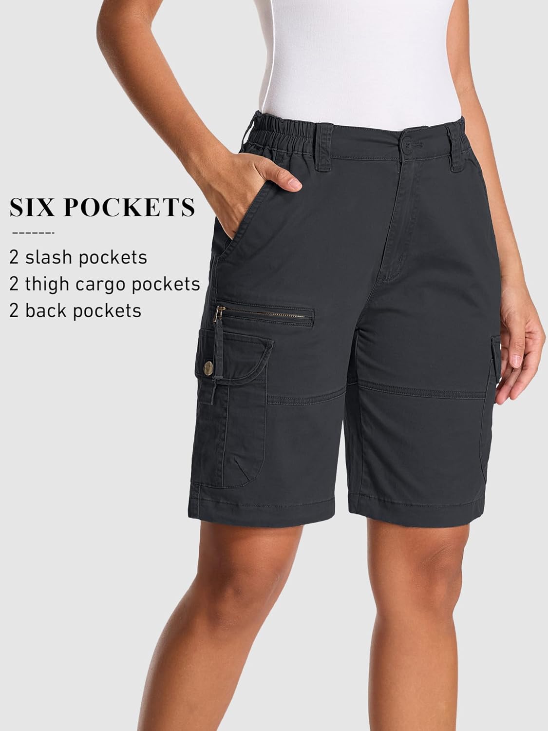 Bermuda Womens Cargo Shorts Lightweight Cotton Casual Hiking Shorts Multi-Pockets Elastic Waist #2110-Black Grey-8-new - Image 2