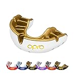 OPRO Gold Level Mouth Guard - Moldable Mouthguard with Premium Comfort Fit, and Multi-Layer Protection for Boxing, MMA, Rugby, Hockey, and Football Mouthpiece - Includes Case (White/Gold, Youth)