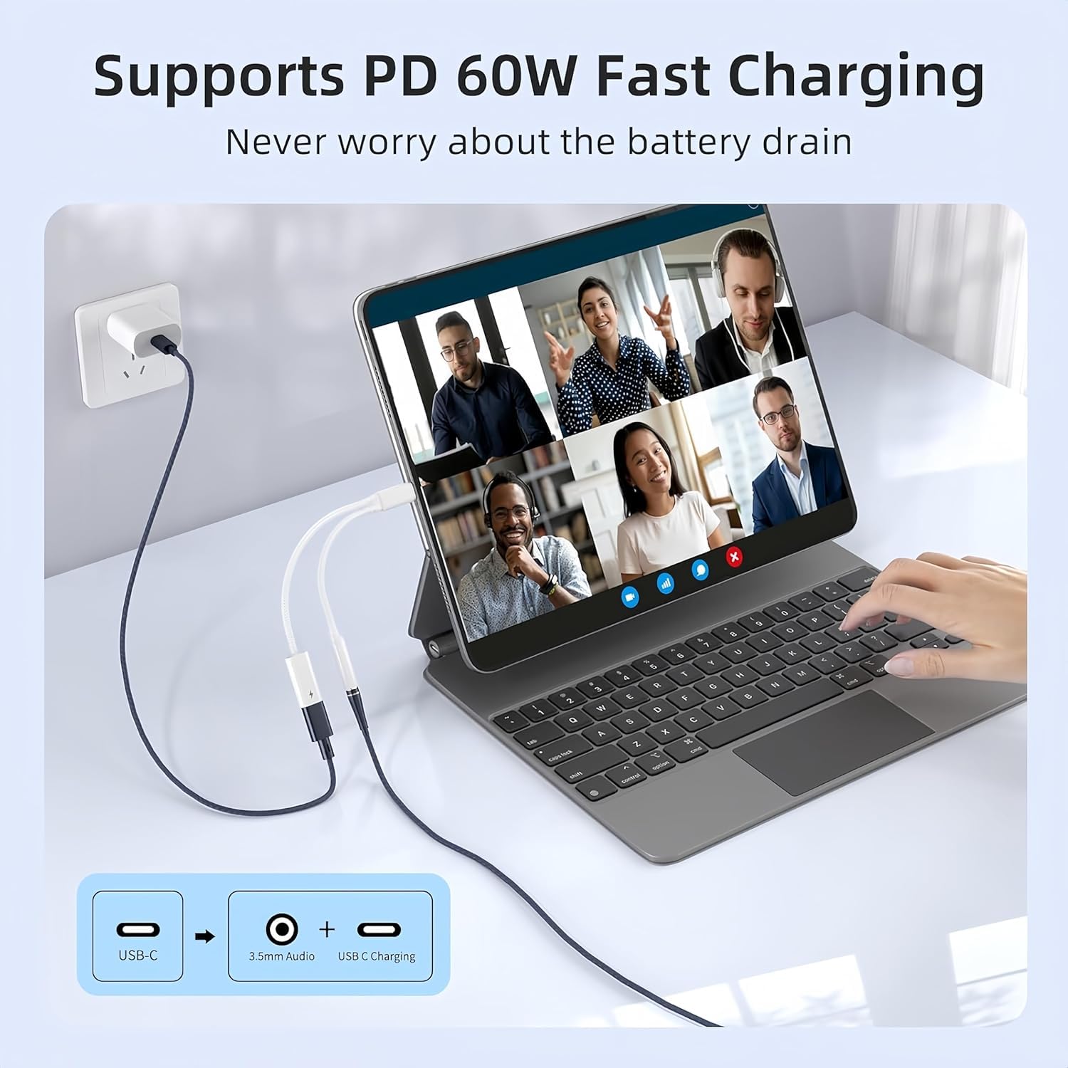 Rozdzielacz USB 2 w 1 AUX i pakiet ładowania [rozdzielacz USB-c i USB C do gniazda i ładowarki 3,5 mm], szybkie ładowanie PD 60 W i Hi-Fi, do iPhone'a 15, 16, 17/iPad Pro/Galaxy