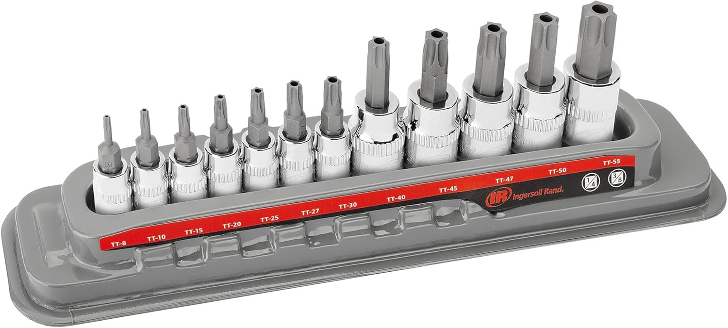 Ingersoll Rand 12-Piece Tamper-Proof Torx Bit Socket Set – 1/4" Drive (TT8–TT30) & 3/8" Drive (TT40–TT55), Industrial-Grade S2 Steel, Mirror-Polished Chrome Vanadium Sockets, Thermoform Tray – 752031