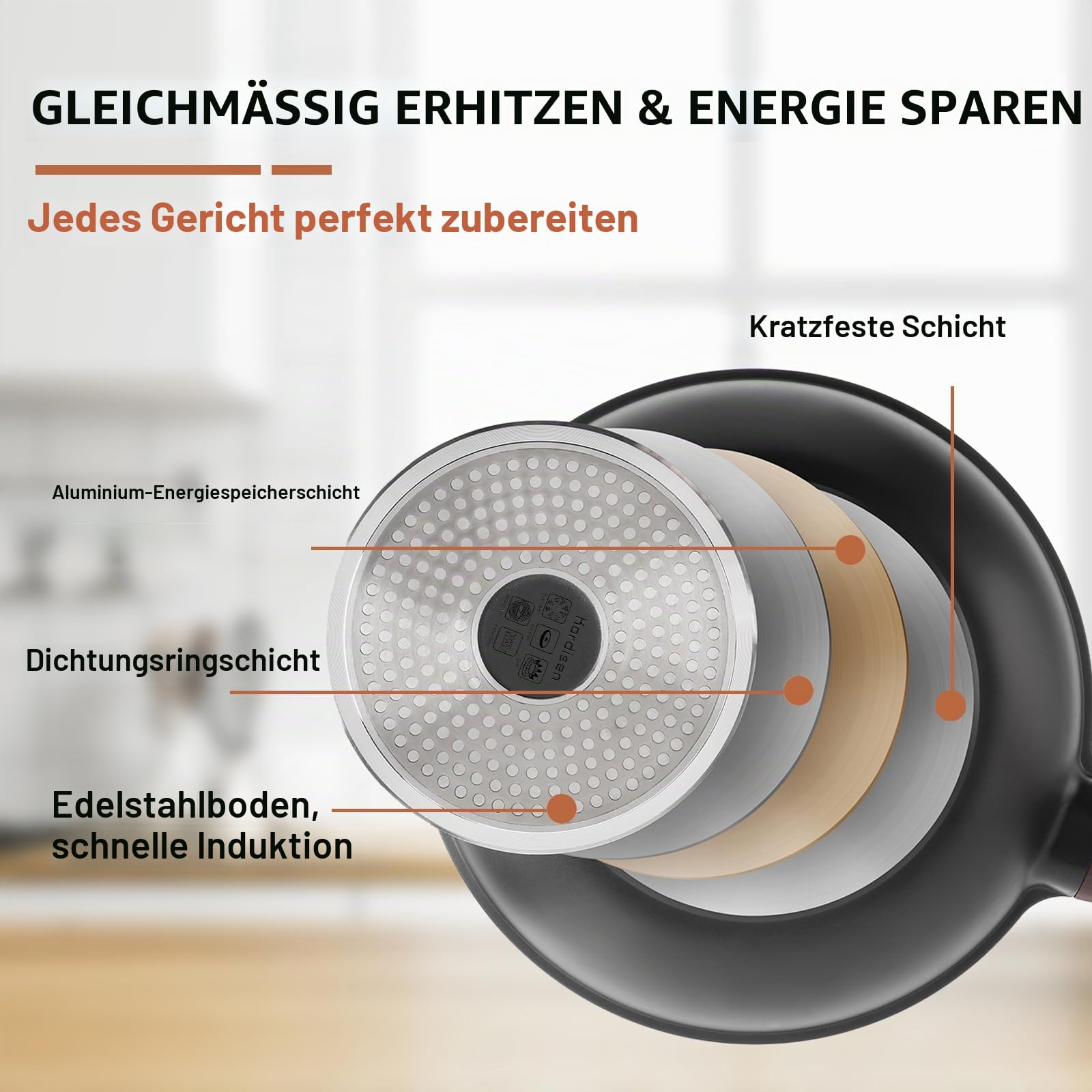 Kordisen Wokpfanne induktion, 30 cm Wok mit Deckel, Aluminiumguss, Beschichtung in Steinoptik, kompatibel mit allen Herden, PFOA-frei, Schwarz