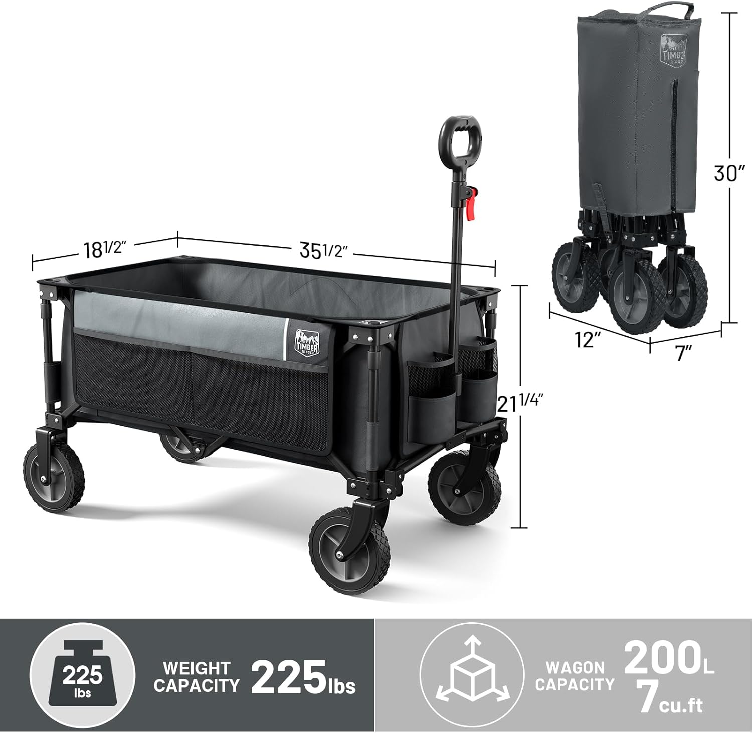 Timber Ridge Collapsible Outdoor Folding Wagon Cart Heavy Duty Camping Patio Shopping Garden Cart with Side Bag Cup Holder, Grey