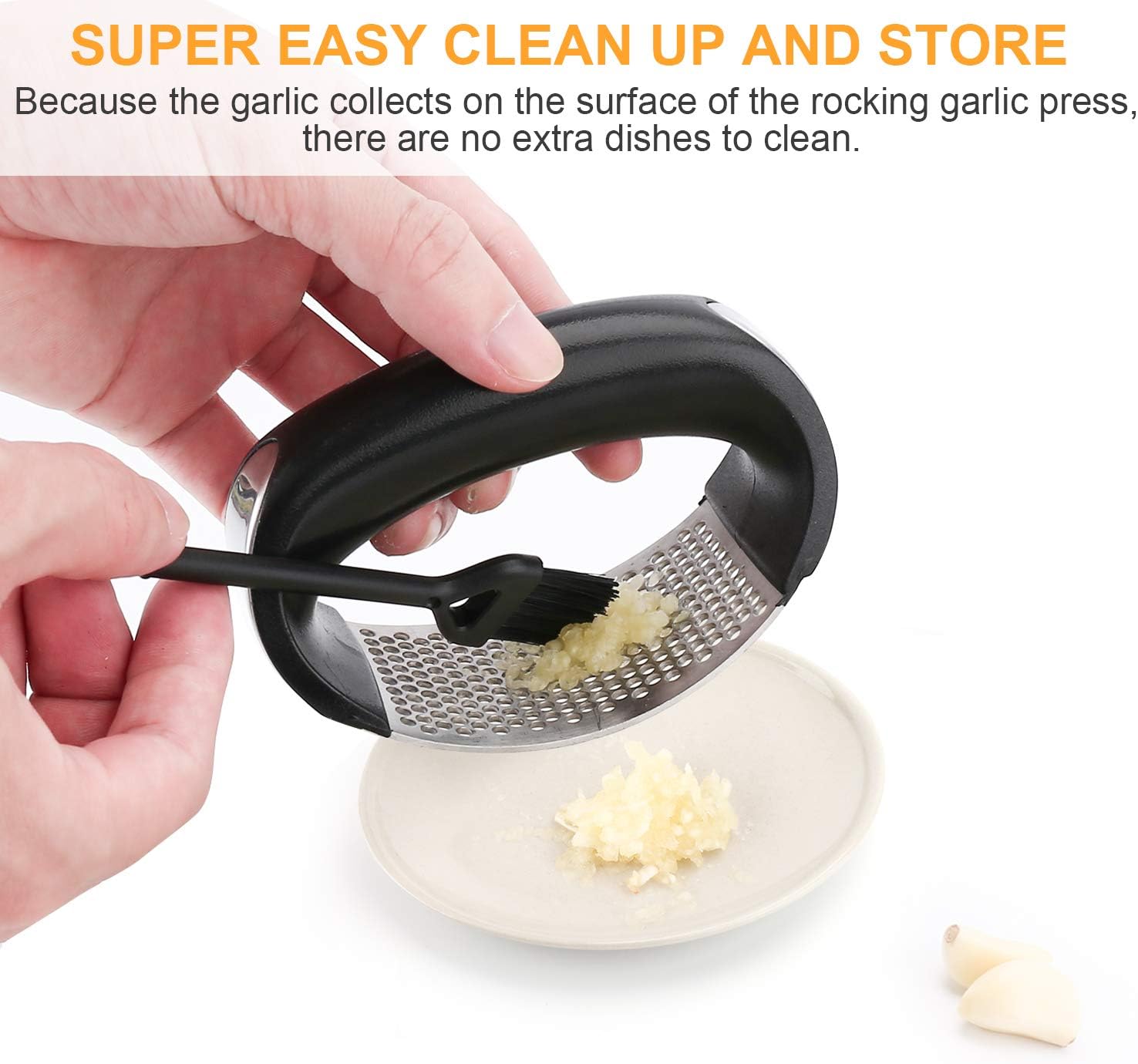 3 PCS Garlic Press Rocker, Garlic Mincer Crusher with Ergonomic Handle, Stainless Steel Garlic Chopper, Professional Kitchen Gadgets, with Silicone Garlic Peeler Tube/ Cleaning Brush, by PSISO: Home & Kitchen
