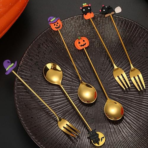 Miniatura 2 de Cucharas de café de Halloween, 6 cucharas de café de acero inoxidable, cucharas de postre, cucharaditas para el hogar, cocina, fiesta (dorado)