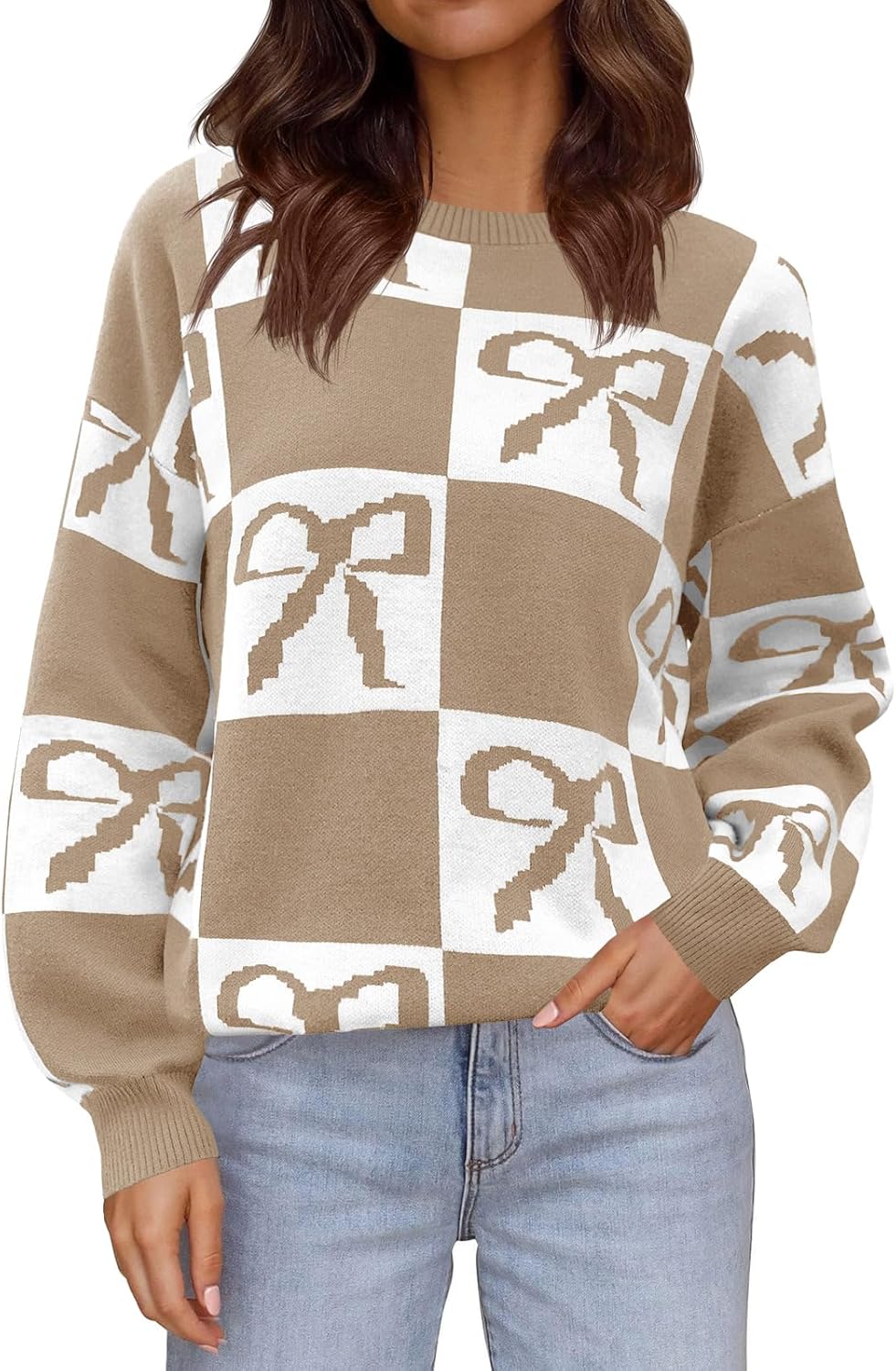 Saodimallsu Womens Color Block Bow Sweater Oversized Crewneck Long Sleeve Knit Warm Pullover Tops