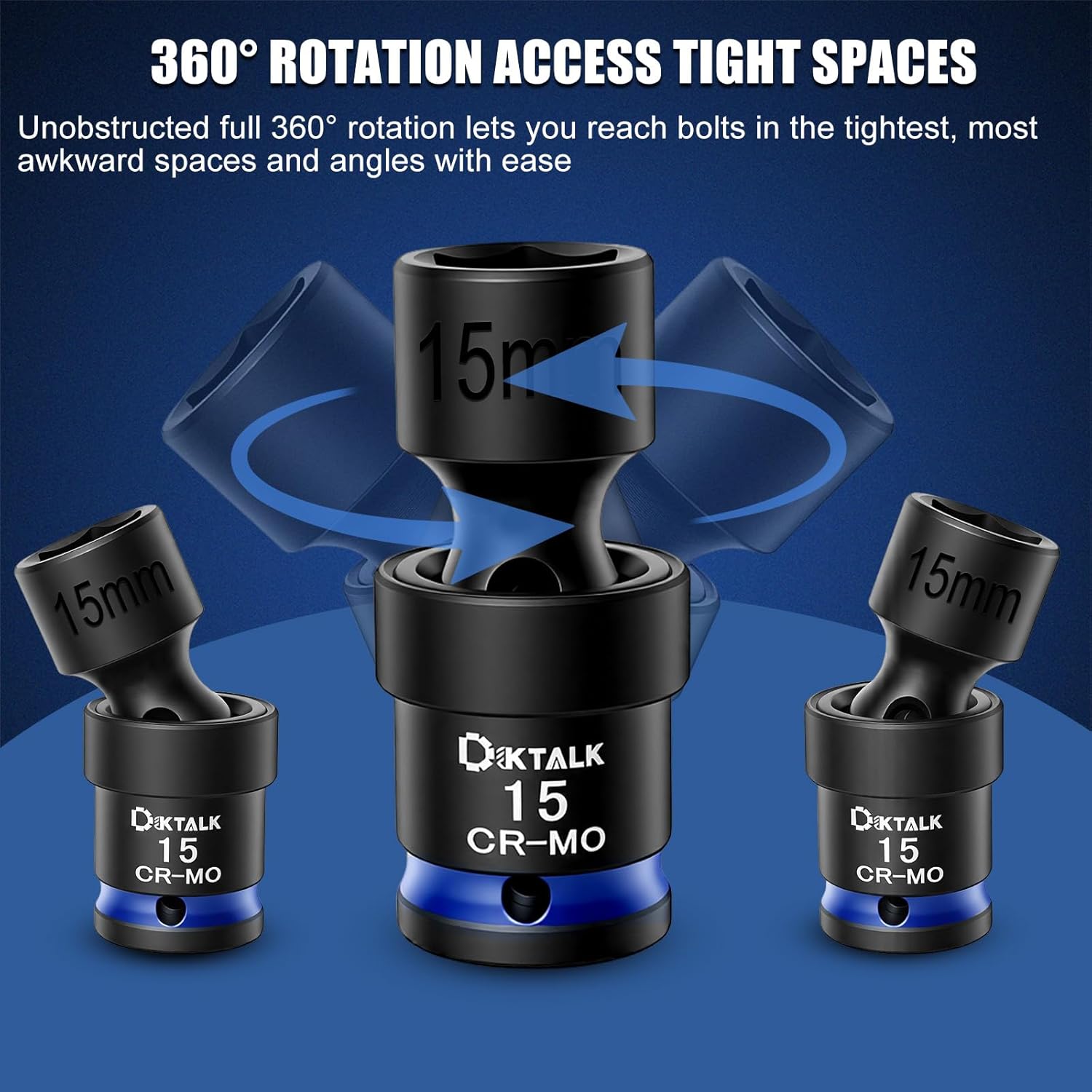 Professional 3/8" Drive Universal Impact Swivel Socket Set, 19-Piece Metric Wobble Socket Set (8-22mm) with Extensions Bars & Socket Adapters, Drill Bit Adapter, Cr-Mo Steel