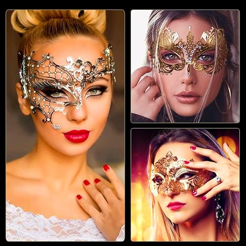Miniatura 7 de Máscara de mascarada para mujer estilo veneciano con diamantes de imitación brillantes para fiesta de metal