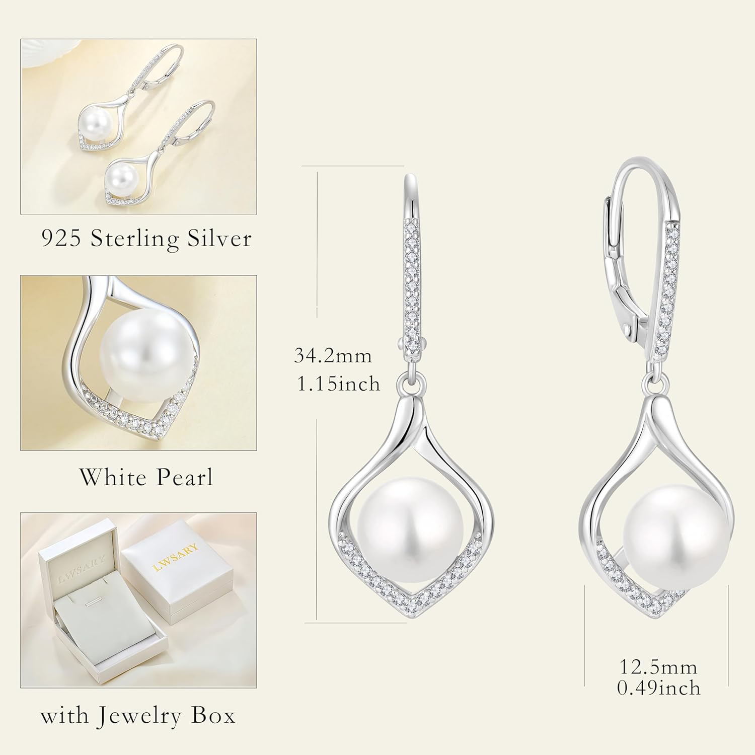 Pearl Dangle Drop Earrings for Women 925 Sterling Silver Leverback Earrings with 8MM Pearl Jewelry Gifts for Her - Image 6
