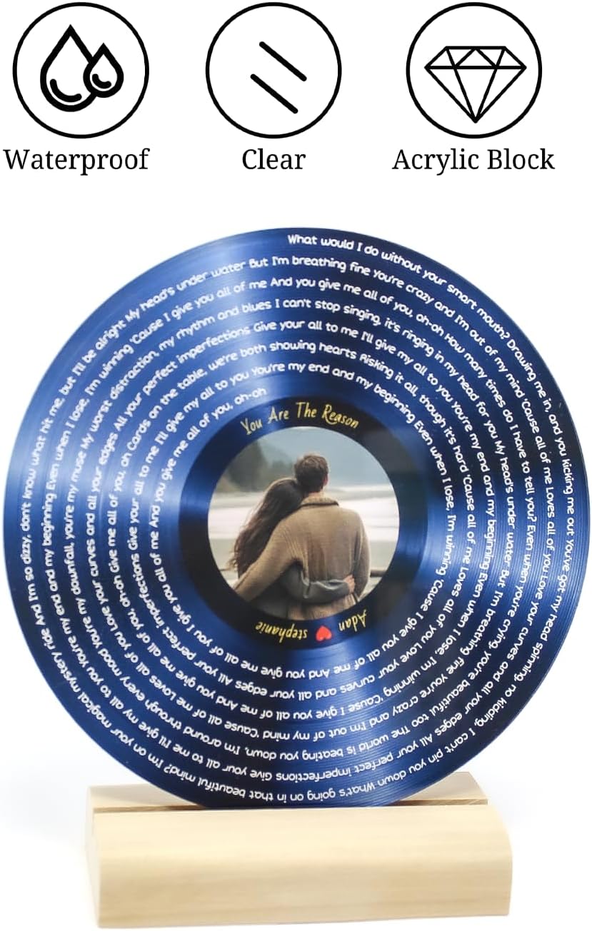 Personalized Acrylic Song Lyrics with Photo Gifts for Couples Customized Vynil Record Photo Anniversary Picture Romantic Gifts for Him Frame Cool Things for Your Room (Acrylic Stand)