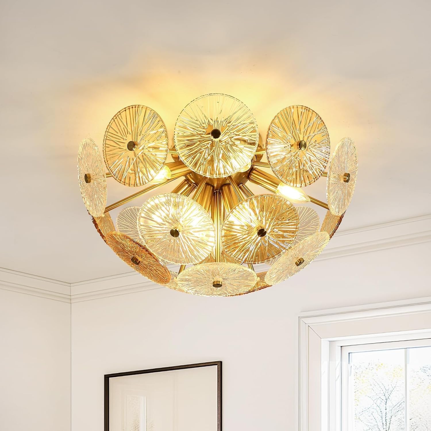 VTAMng Gold Flower Chandelier Crystal Ceiling Light Modern Pendant Light Fixtures Vintage Semi Flush Mount Ceiling Lamp for Living Dining Room Bedroom Entryway Foyer Nordic Style(Ceiling lamp)