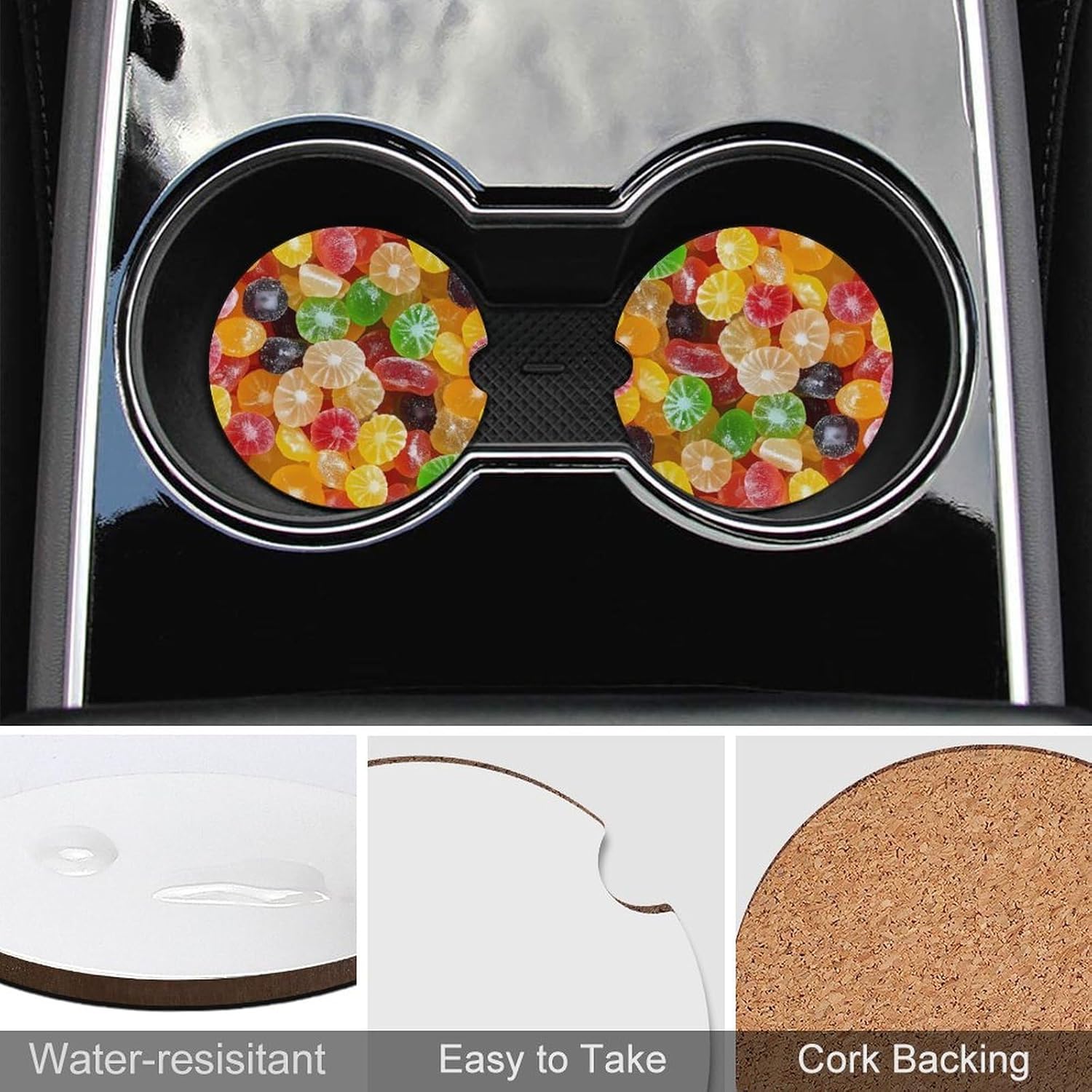 Gummy Fruit Candy Cute Car Coasters 2.56 Inch Absorbent Cup Holder for Drinks Auto Interior Accessories