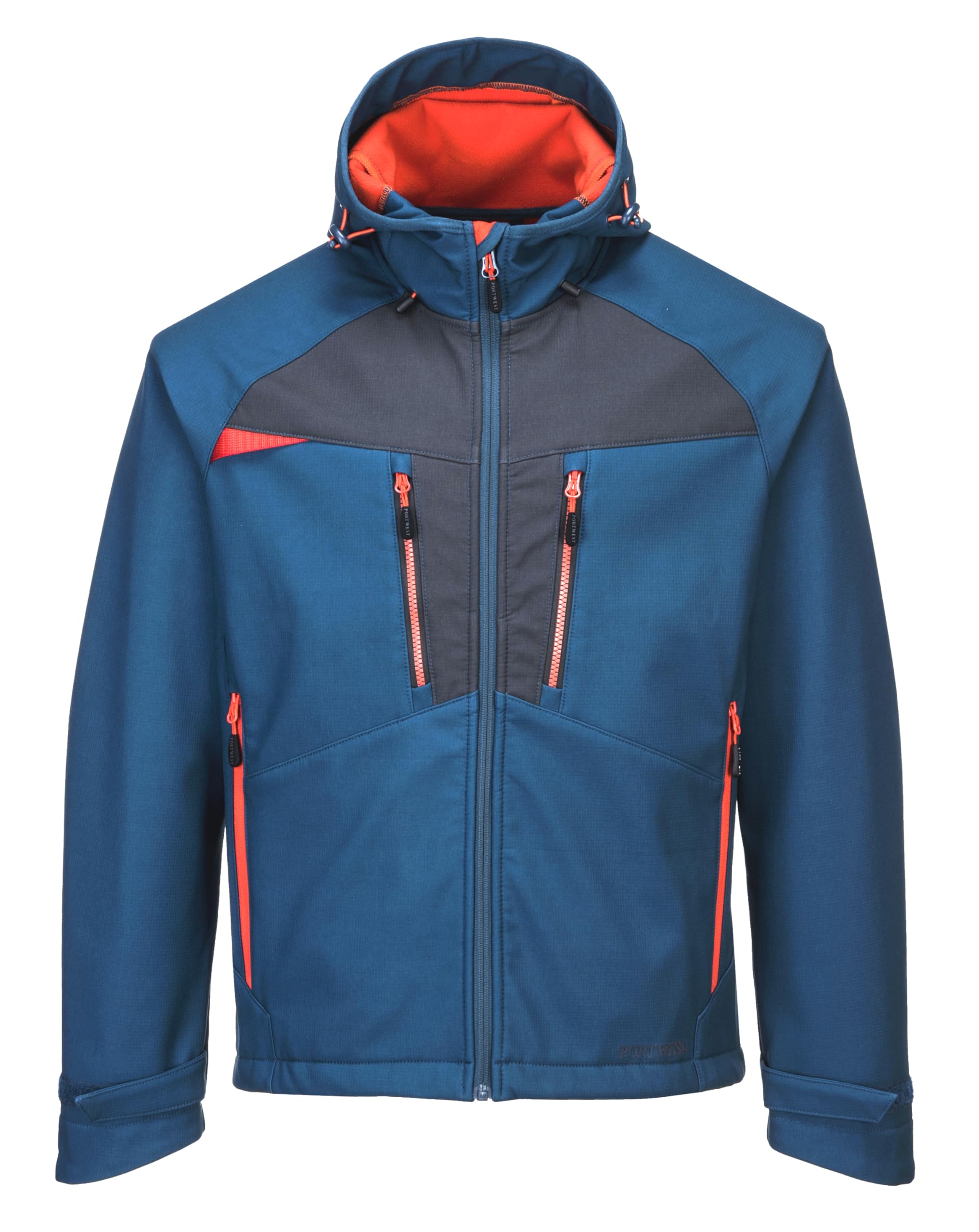 Portwest DX474 DX4 Hooded Softshell Jacket Waterproof Windproof Breathable 4-Way Stretch Work Jacket with Pockets Adjustable Fit for Work and Outdoor, Metro Blue, XL