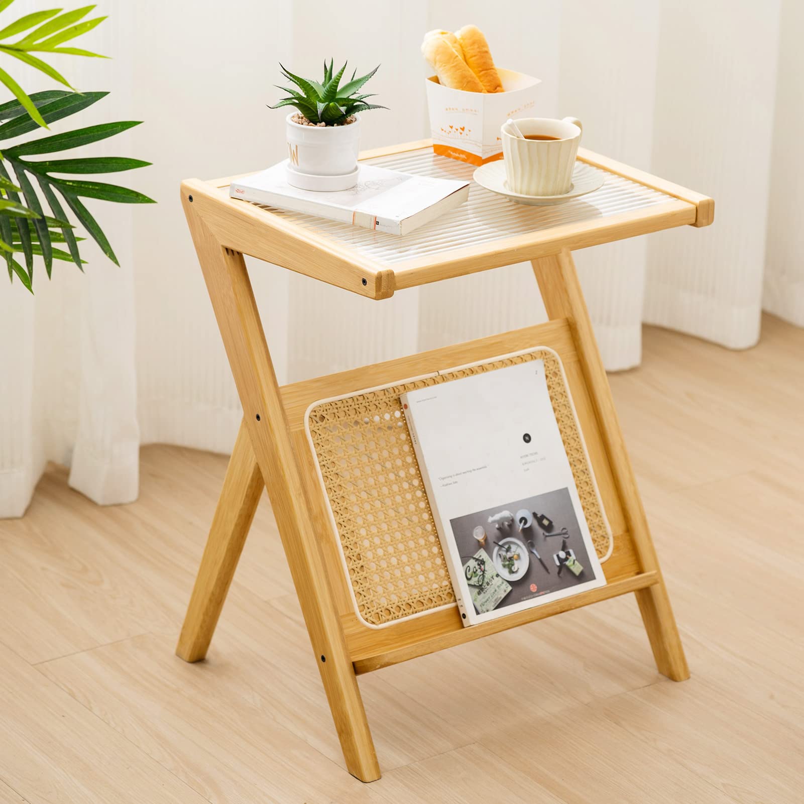 HollyHOME Rattan End Side Table, Accent Glass Top Sofa Table, Modern Boho Bamboo Frame Magazine&Book Shelf, Coffee Tea Table with Storage for Living Room, Bedroom, Office, 18.5"(L)x14.6"(W), Burlywood