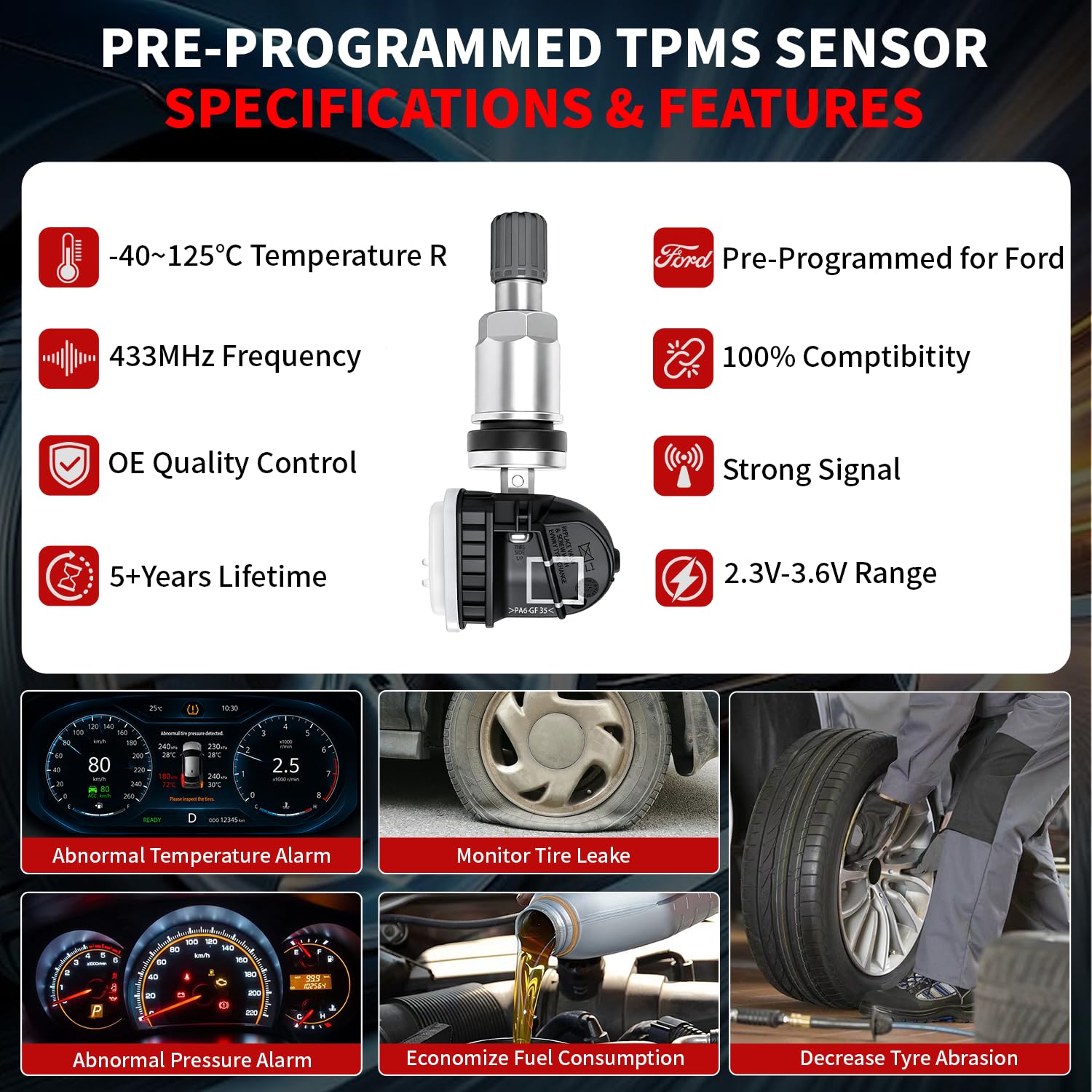 Ford TPMS Sensor, 433Mhz Tire Pressure Monitoring Sensor, TPMS Sensors Set of 4 Compatible for Ford Lincoln Mercury F-150 Bronco Edge Escape Ranger Flex Mustang Explorer Fusion MKS MKX Nautilus