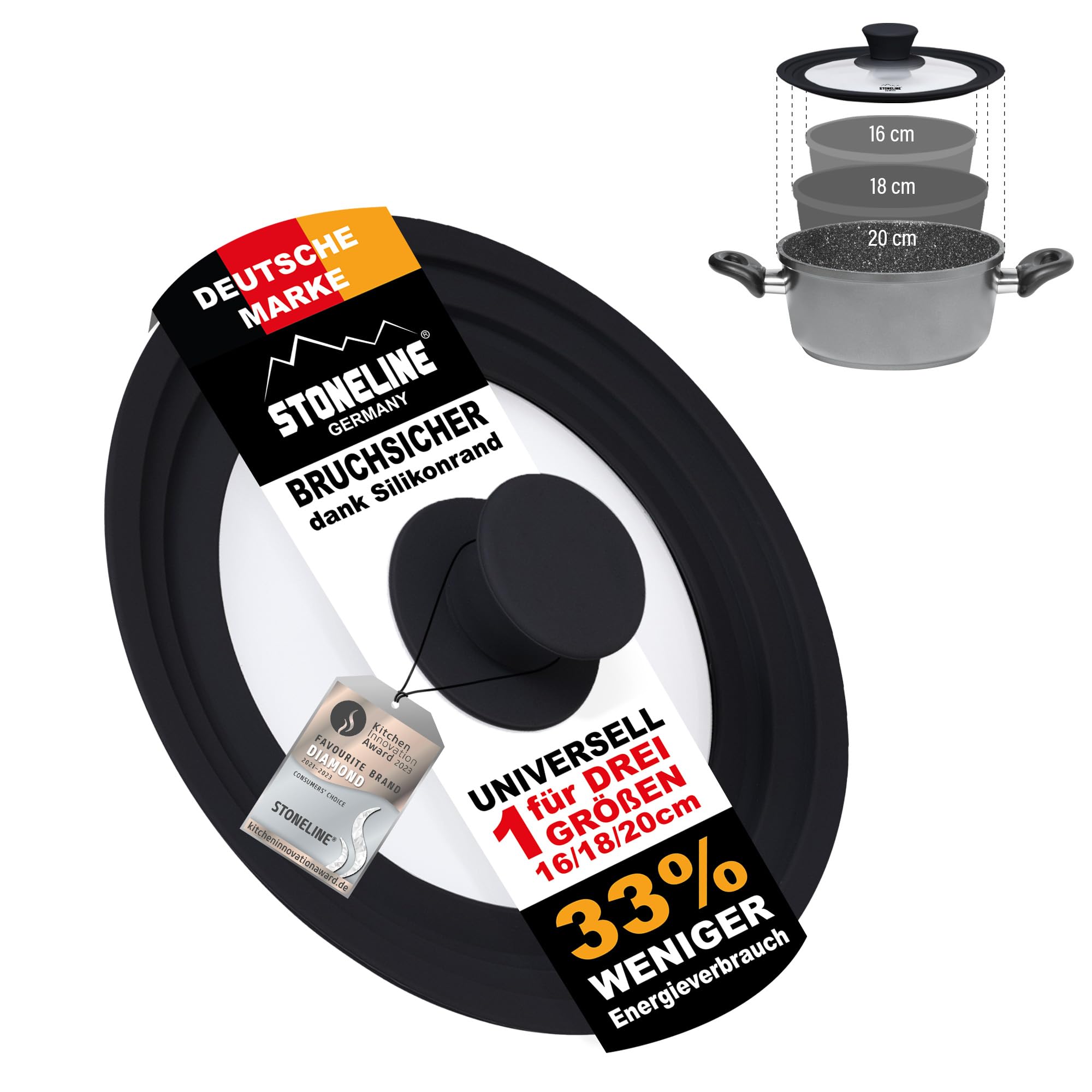 STONELINE 3 in 1 Universaldeckel für Töpfe und Pfannen mit 16/18/20 cm Universal Glasdeckel mit abgestuftem Silikonrand Platinsilikon, hitzebeständig platzsparend, 3 Größen, Schwarz