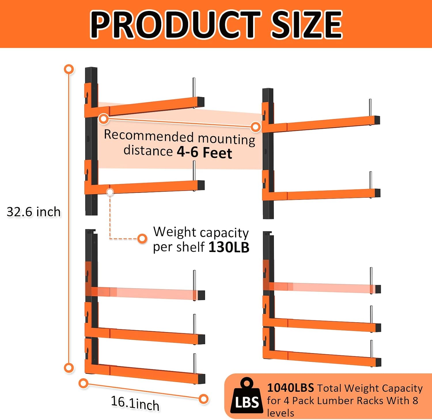 4 Pack Lumber Storage Rack, Wall Mount Removable & Adjustable Lumber Rack with 8-Level Holds Up 1040 Lbs, Heavy Duty Metal Garage Wood Rack for Workshop, Basement, Indoor and Outdoor image 2