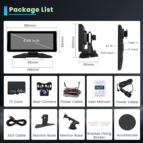 Miniatura 7 de Hikity Estéreo inalámbrico portátil para automóvil CarPlay con cámara de salpicadero, pantalla IPS Touchsceen de 6.86 pulgadas, pantalla automática