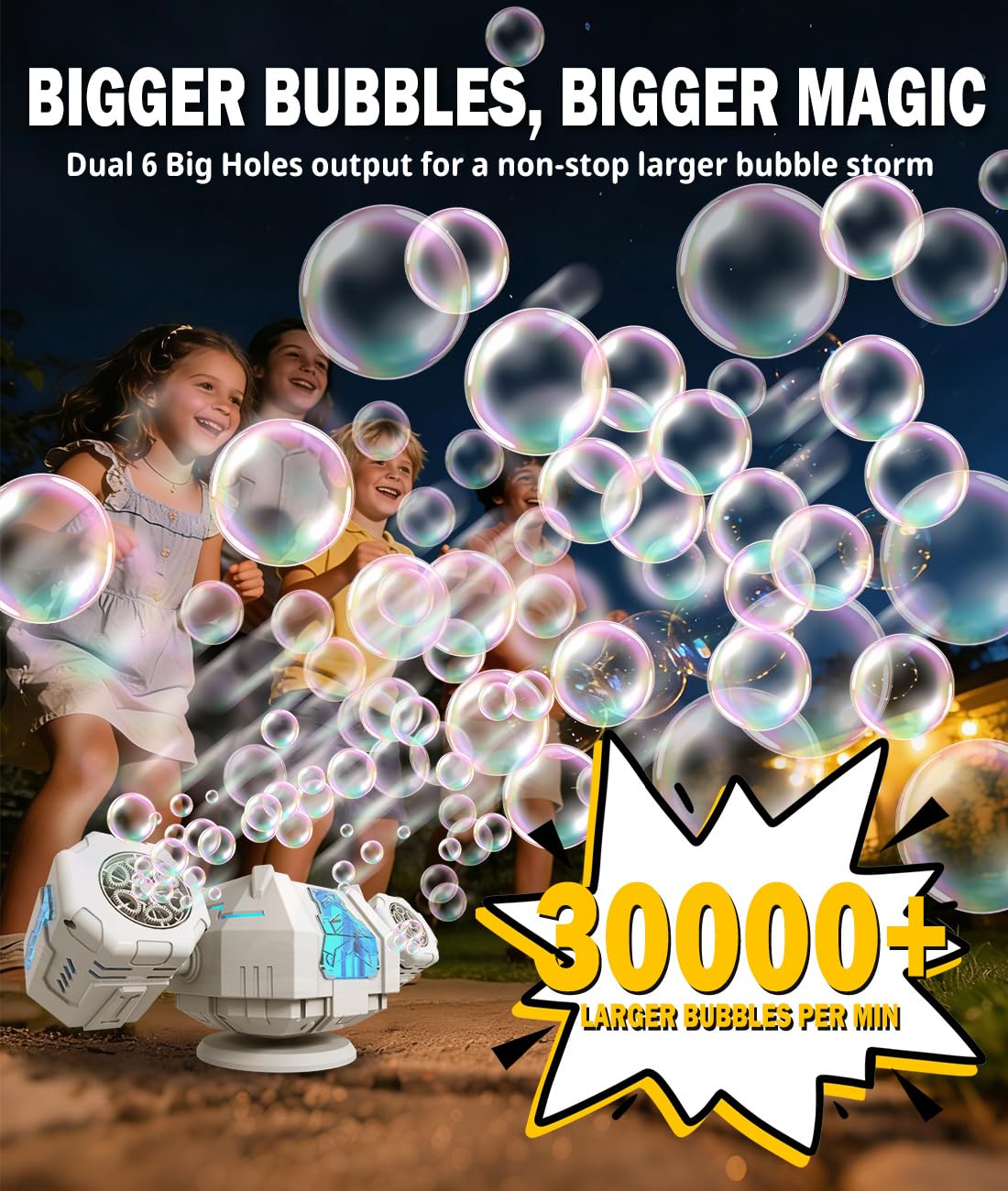 Wiederaufladbare Seifenblasenmaschine – Automatische 360° Drehung, Fernbedienung, 60° verstellbare Düse, 7-farbige RGB-Lichter, USB-C-Ladung – Geschenkspielzeug für Kinder, Kleinkinder, Jungen