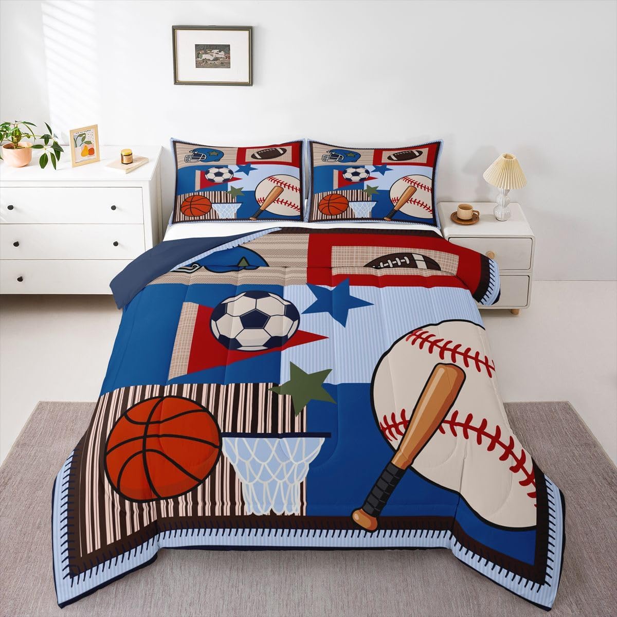 Cartoon Ball Grid Comforter Set Queen Size,Kids Ball Sports Gaming Bedding Set 3pcs for Boys Teens Home Room Decor,Football Basketball Plaid Quilt Set Colorful Patchwork Bedspread,2 Pillowcases