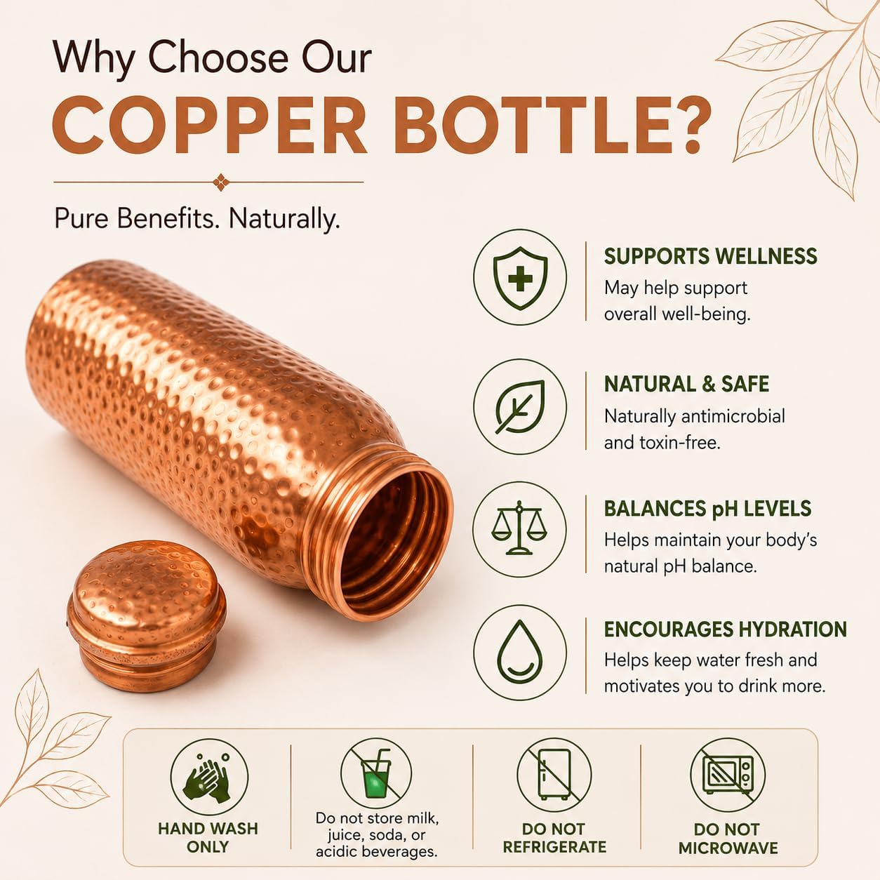 Pure Copper Water Bottle 34 oz (1000ml) Handcrafted Hammered Ayurvedic Copper Bottle for Drinking Water, Leak Proof Metal Water Bottle for Yoga, Gym, Travel & Daily Wellness