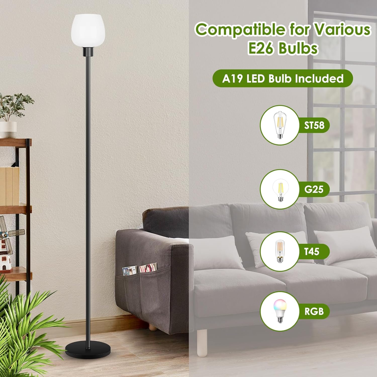 Floor Lamp for Living Room with 3 Color Temperatures, Standing Lamp with White Opal Glass Lampshade, Modern Tall Lamp with Foot Switch, Pole Lamp for Office Bedroom Dining Room, 9W LED Bulb Included