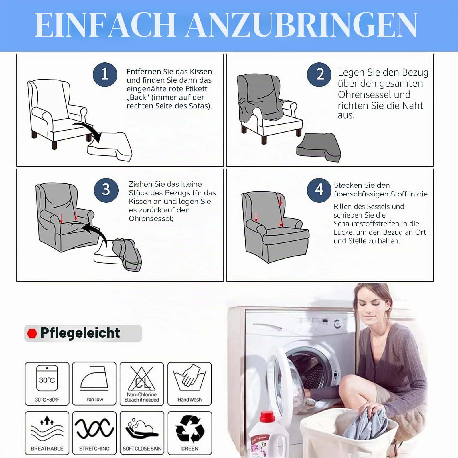 XINGYUEXUAN Ohrensessel Schonbezüge 2 Stück Stretch Flügel Stuhl Abdeckungen mit Armen Solid Farbe Flügel zurück Sessel Sofa Abdeckungen mit elastischen Boden für Wohnzimmer Schlafzimmer (beige)