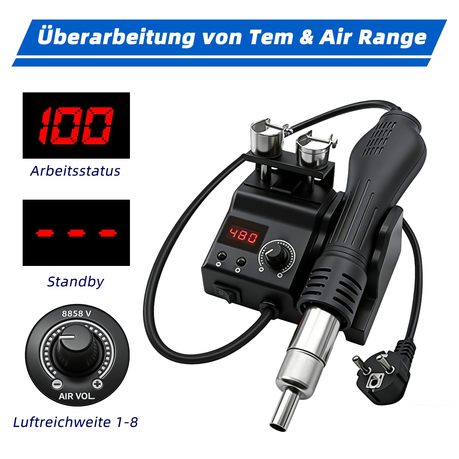 Stazione di saldatura ad aria calda 8858, stazione dissaldante 700 W con indicatore digitale LED 100 – 480 °C, stazione di saldatura ad aria calda con 3 bocchini, saldatura SMD e dissaldatura per BGA