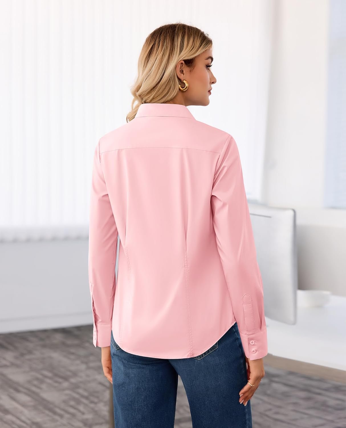 Womens Button Down Shirt Long Sleeve V Neck Classic Collared Button Up Shirt Women Work Business Formal Casual - Image 3