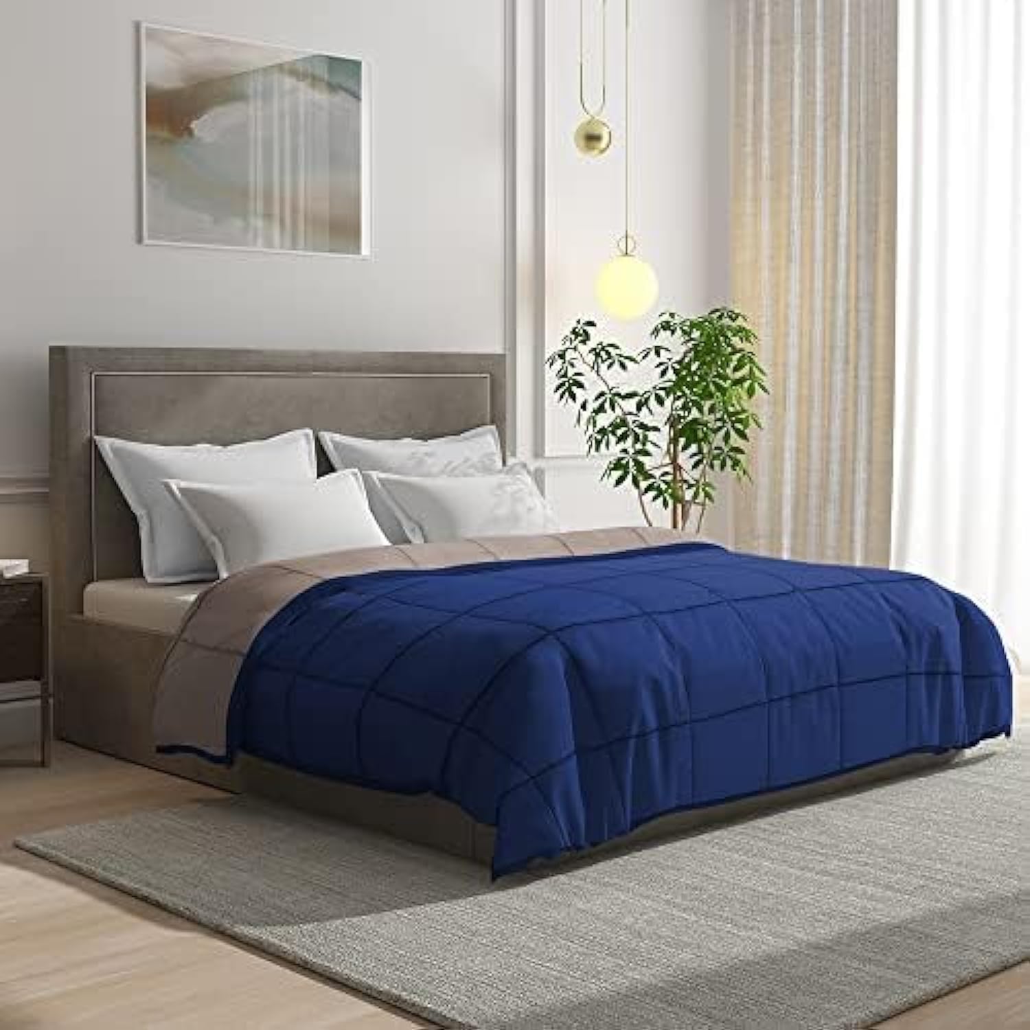 Wakefit Reversible Comforter - Double Bed | Supersoft Grid Design Quilt AC Blanket for Winters | 220 GSM Virgin Siliconized Microfiber Fill | 100x90 Inch, Taupe & Navy Blue