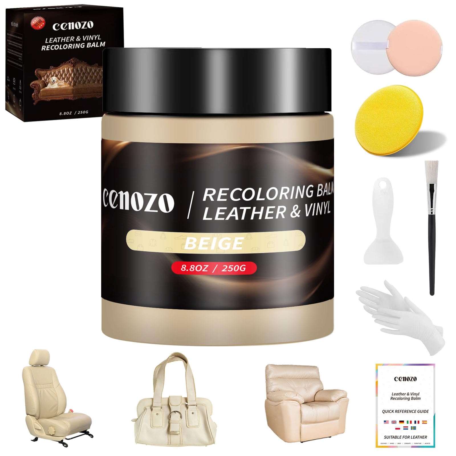 cenozo 250g Beige Kit Reparation Cuir,Teinture Cuir,Peinture Cuir Liquide,Pâte Réparatrice Cuir pour Cuir Canapé,Chaussures,Sièges de Voiture,Blouson en Cuir Rayures et Décoloration - 1
