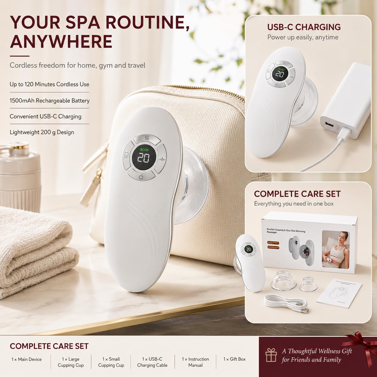 4-in-1 Anti-Cellulite Schröpfmassagegerät mit EMS und Rotlicht | 9 Saugstufen & 9 EMS-Stufen, Wärmefunktion, 2 Aufsätze, LCD-Display, USB-C-Akku, für Gesicht & Körper