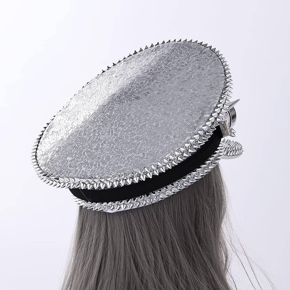 GRACEART Women's Burning Man Sequin Hat Mucis Festival Military Captain Hats Steampunk Caps with Goggles