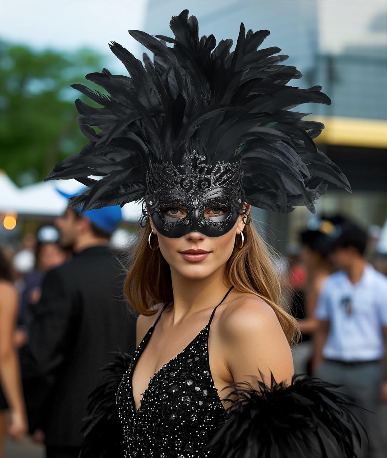 UQJE Venetian Feather Mask Headwear for Women Luxury Masquerade Mask for Halloween, Mardi Gras & Glamorous Parties - Image 3