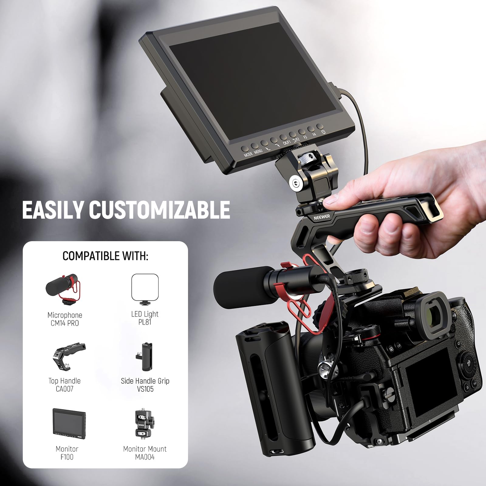 NEEWER LUMIX S5 X Półklatka do Panasonic S5/G9, metalowa platforma wideo z opaską kablową HDMI, gwint 1/4" 3/8", płyta bazowa Arca, kompatybilna z DJI RS2, RSC2, RS3 Pro, CA056