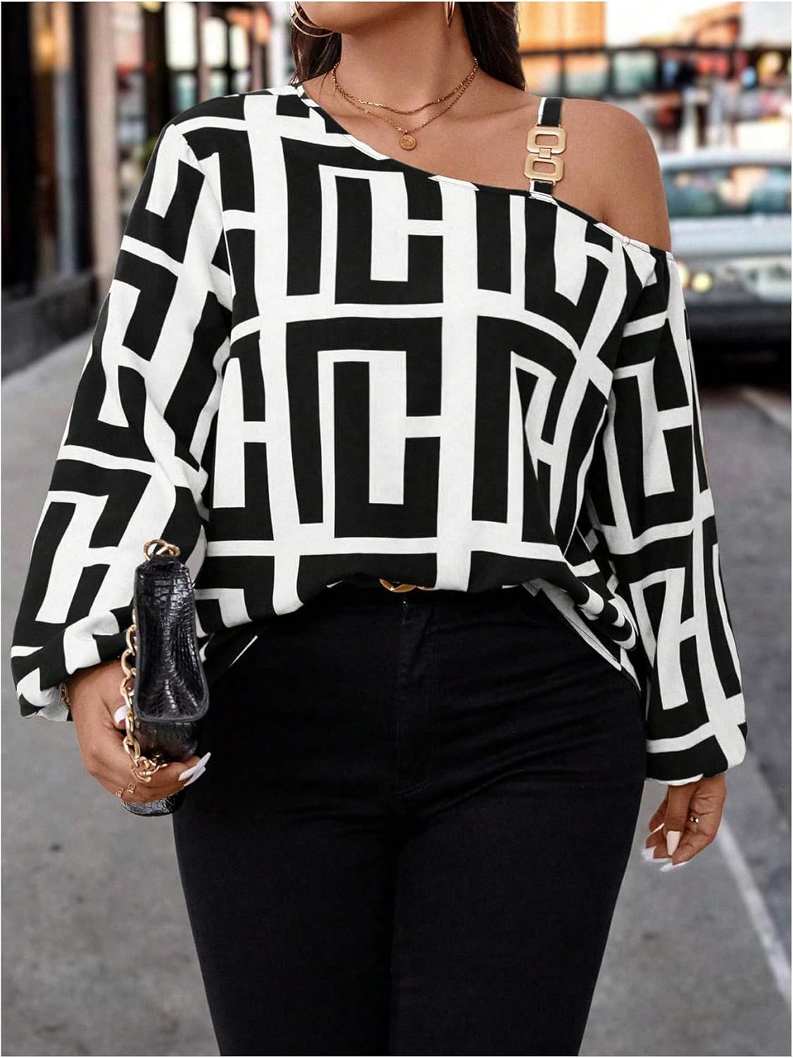 MakeMeChic Women's Plus Size Graphic Print One Shoulder Blouses Long Sleeve Party Fall Tops - Image 4