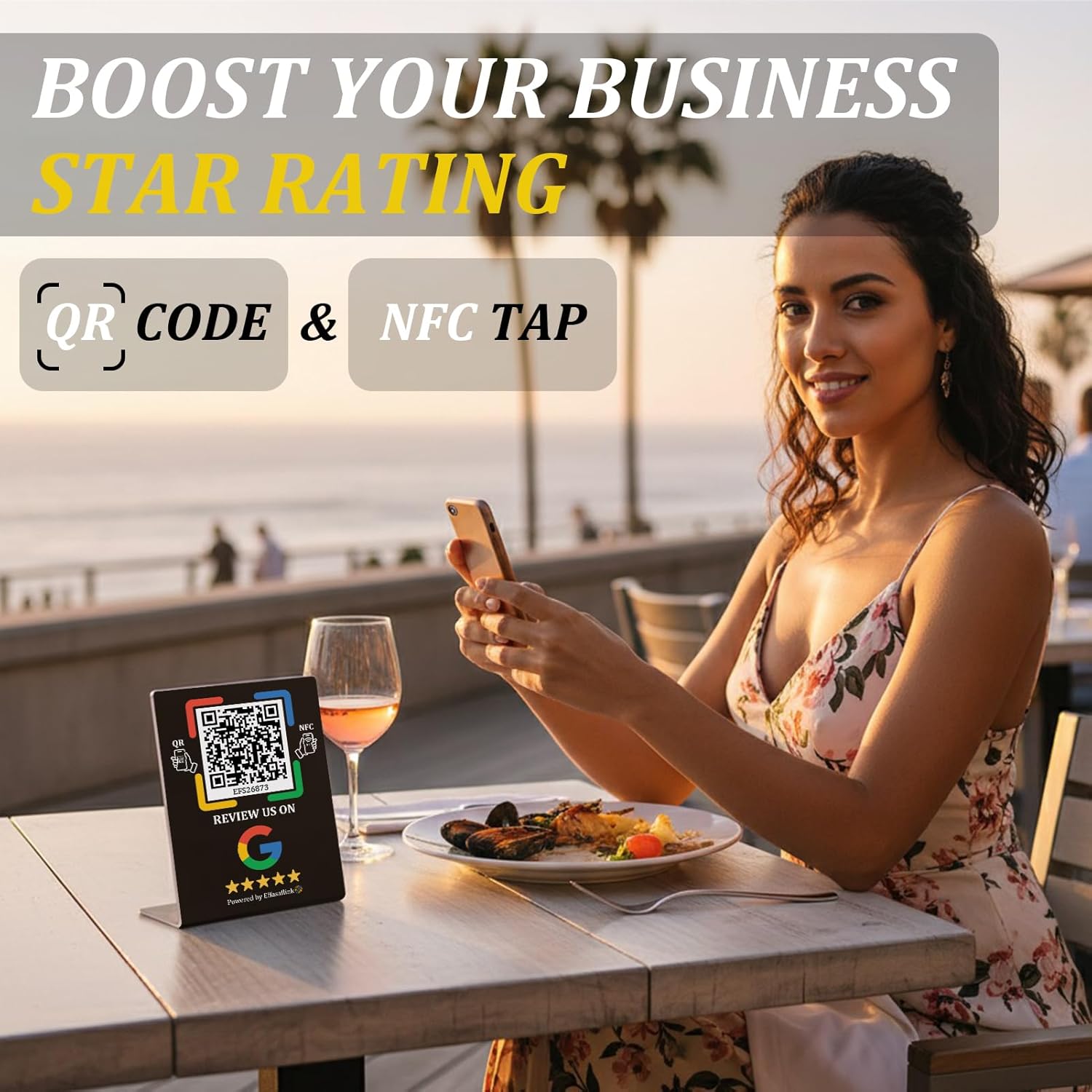 Plastic Stand with NFC Chip & QR Code - Compatible with Google Business Page for Customer Reviews, No Monthly Fees, Boost Business Reviews, Small Business Essentials, for iPhone & Android - Black 5pcs