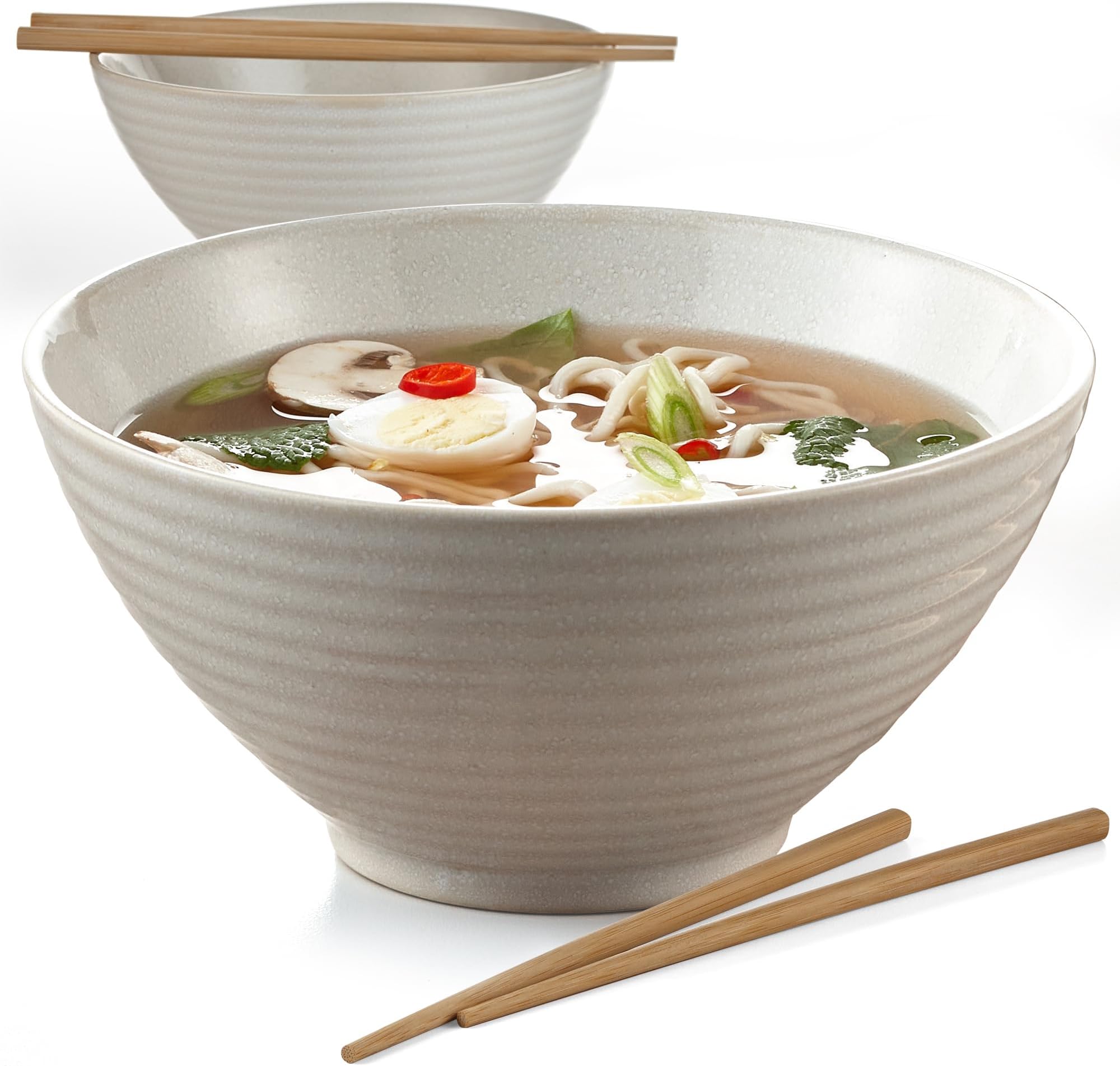 Hana Emika by Maison Neuve Anya Bowls - Beautiful Reactive Glaze Noodle Bowls with Chopsticks (2-pack), Microwave and Dishwasher Safe Pho Bowl and Ramen Bowls, Set of 2 in Classic Cream