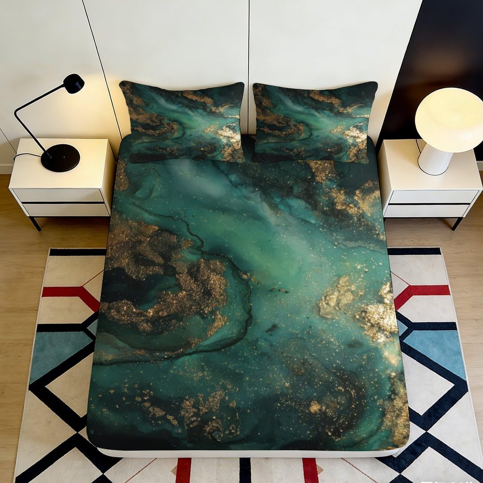 Jqzkxnhpbr Style-6 3D Printed Emerald Marble Fitted Sheet Microfiber Soft Gold Vein Mattress Cover For Bedroom Guest Room Decor 90X200x25cm
