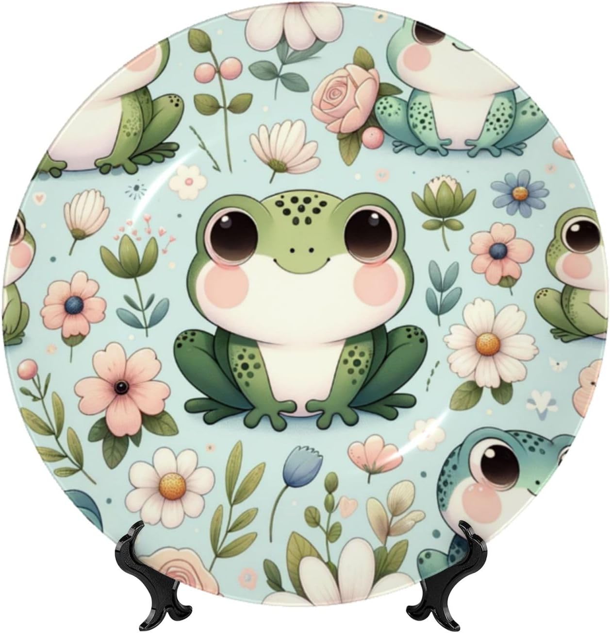 Playful-Frogs-Flowers 10 Inch Decorative Plate With Stand, Elegant Display Wall Plate For Home Decor