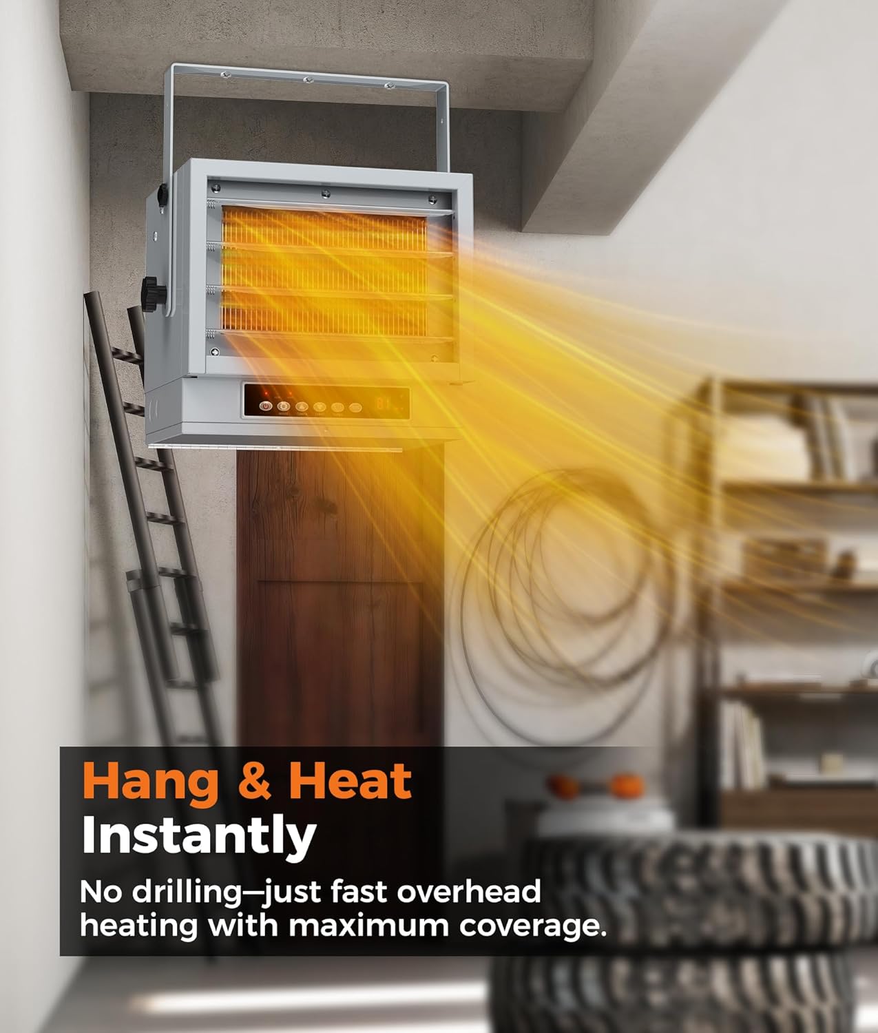 Heater mounted on a ceiling, directing heat downwards
